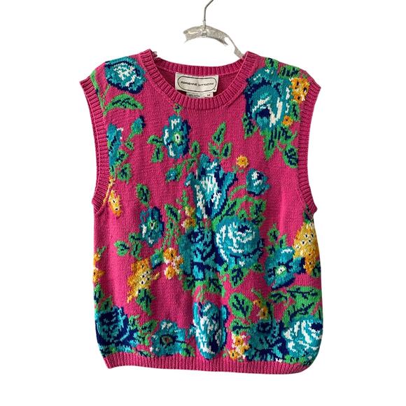 Vintage Adrienne Vittadini Pink Floral Knit Pullover Vest Size M Retro Artsy - Picture 1 of 6